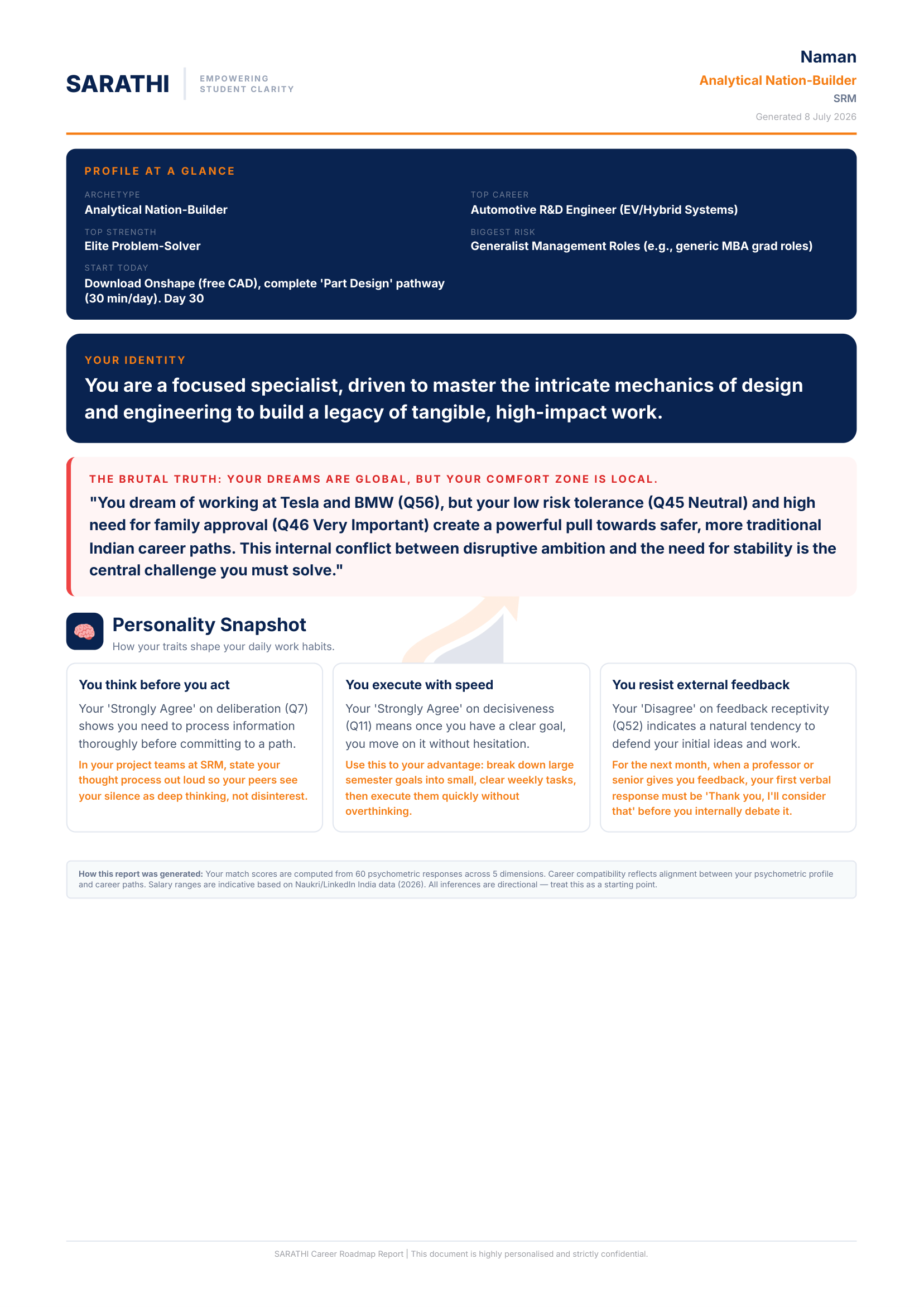 Sample page 1 of SARATHI 7-page career roadmap report